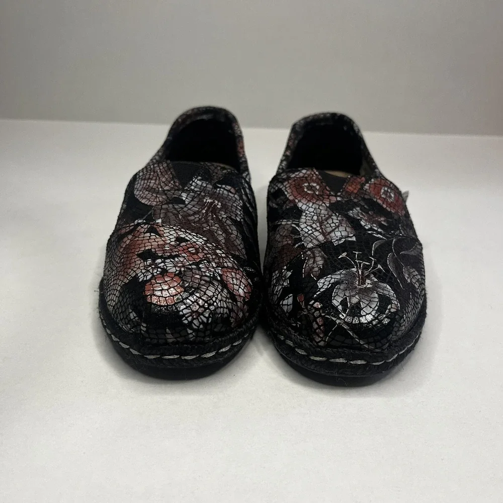 TOMS Alargata Women Floral Leather Flats 6W Black Slip On Espadrille Shoes Comfy